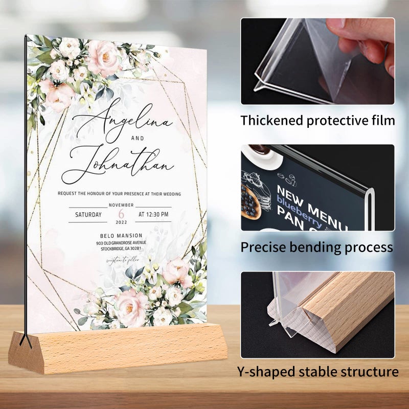 DunGu Acrylic Sign Holder 4 x 6 - Wedding Table Number Holder with Wood Base  Double Sided Picture Frames  6Pack Clear Table Menu Display Stand for Centerpiece Decoration Party Restaurants Office Store - Image 2